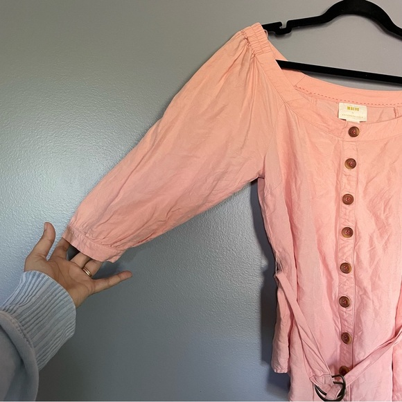 Maeve Anthropologie Alanis Belted Blouse Button Up Shirt Off Shoulder pink sz 8 - Picture 7 of 16